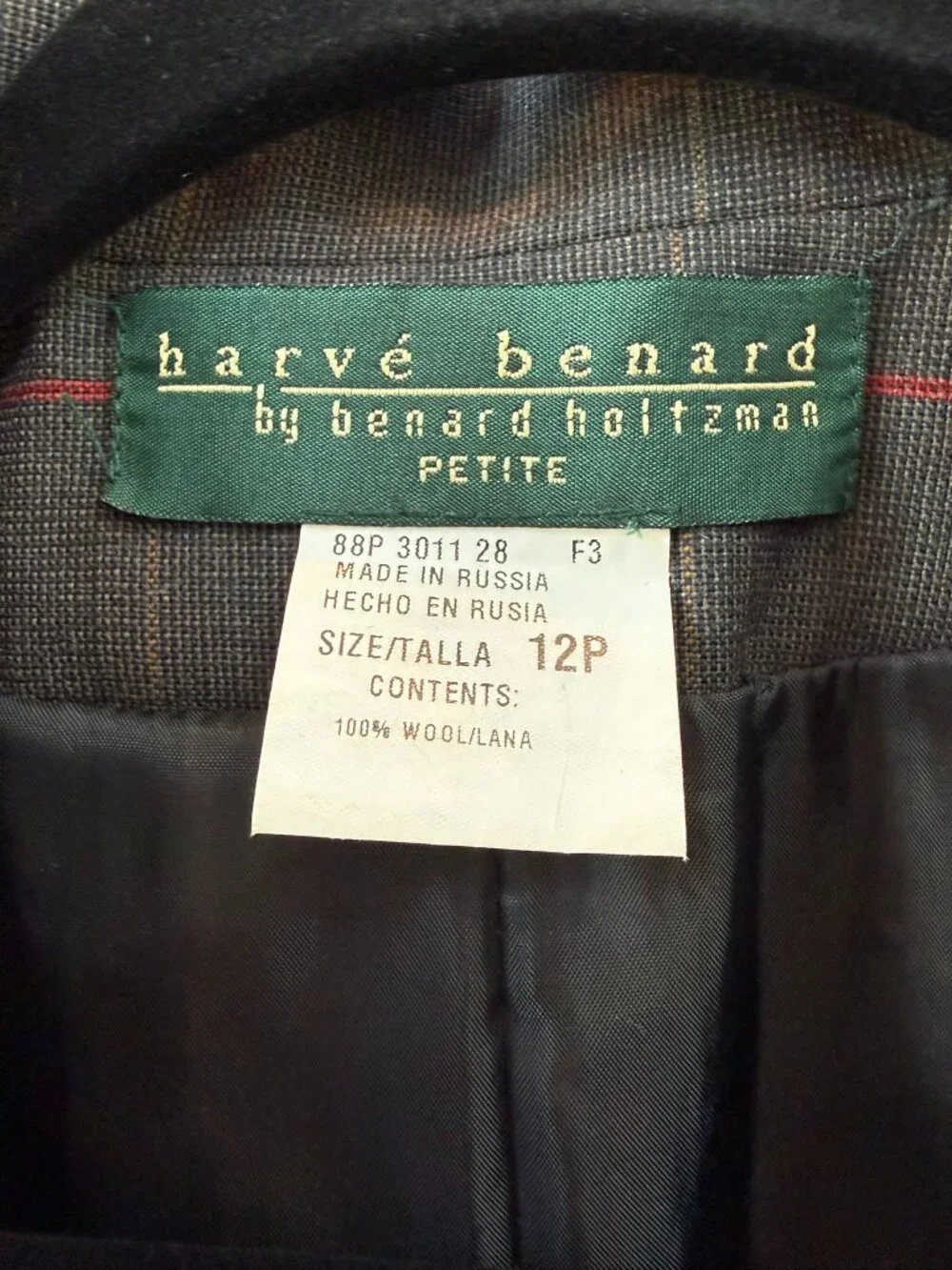 Vintage Herve Benard 100% Wool Suit Gray Red Plaid Jacket Skirt Petite 12P